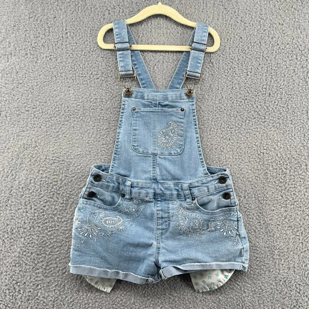 Lucky Brand Kids Paisley Embroidered Denim Short Overalls Girls Shortalls  10